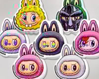 Image 1 of 8pc Luck, Rainbow, Pink, White, LaBowie, MF BUBU, and SpongeBubu Labubu Sticker Combo