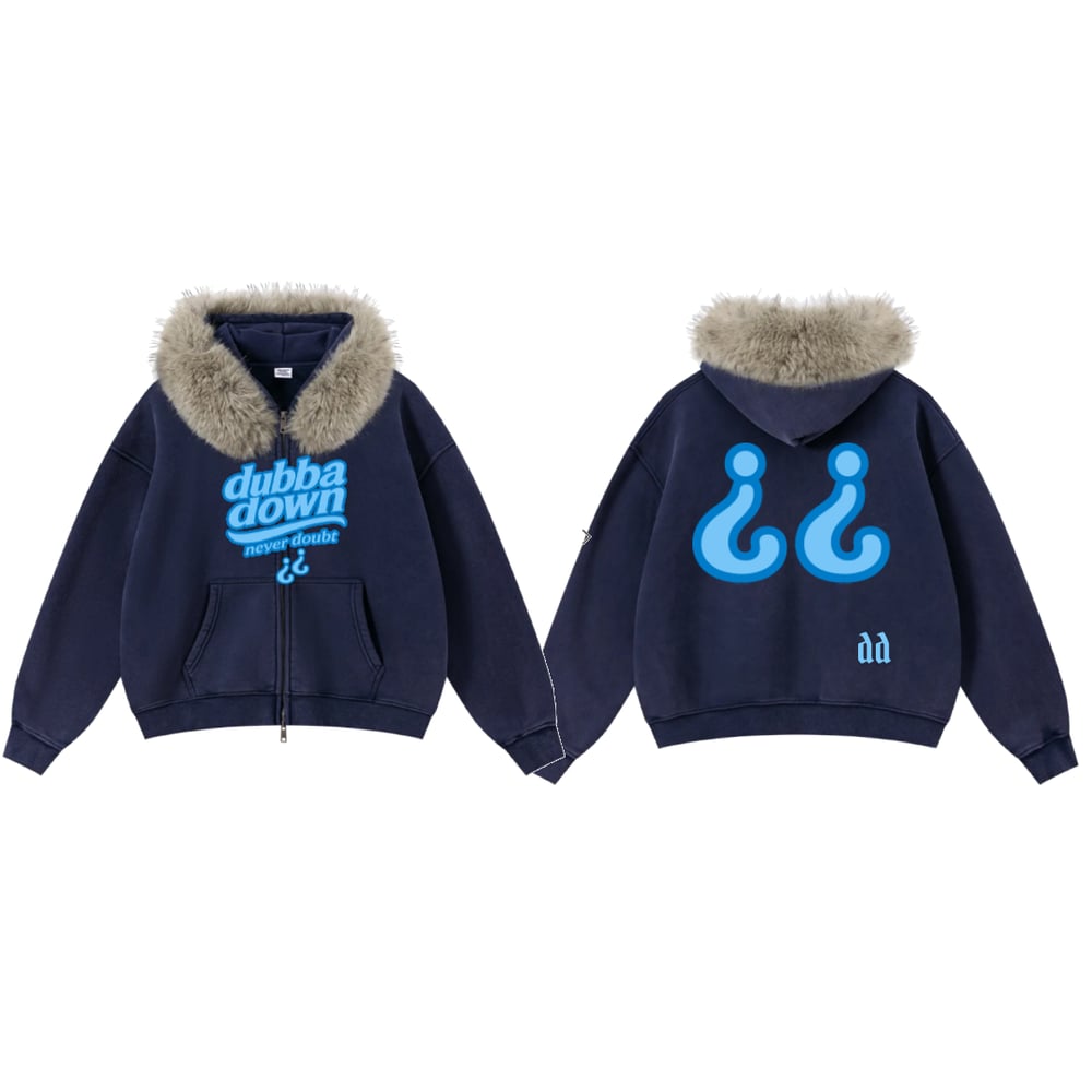Image of Limited Edition Dubba Down Faux Fur Hoodie  (Navy Blue)