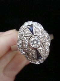 Image 5 of ART DECO FRENCH 18CT WHITE GOLD NATURAL SAPPHIRE DIAMOND CLUSTER RING