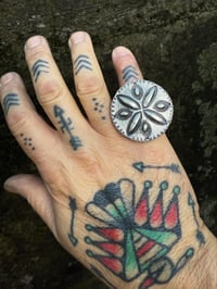 Image 2 of WL&A Handmade Repoussé Sunburst Silver Peace Dollar & Ingot Rag Slide / Rings
