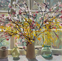 Image 1 of Natural Connections: Forsythia and Vibernum blossom against my studio window 76cm x 76cm 
