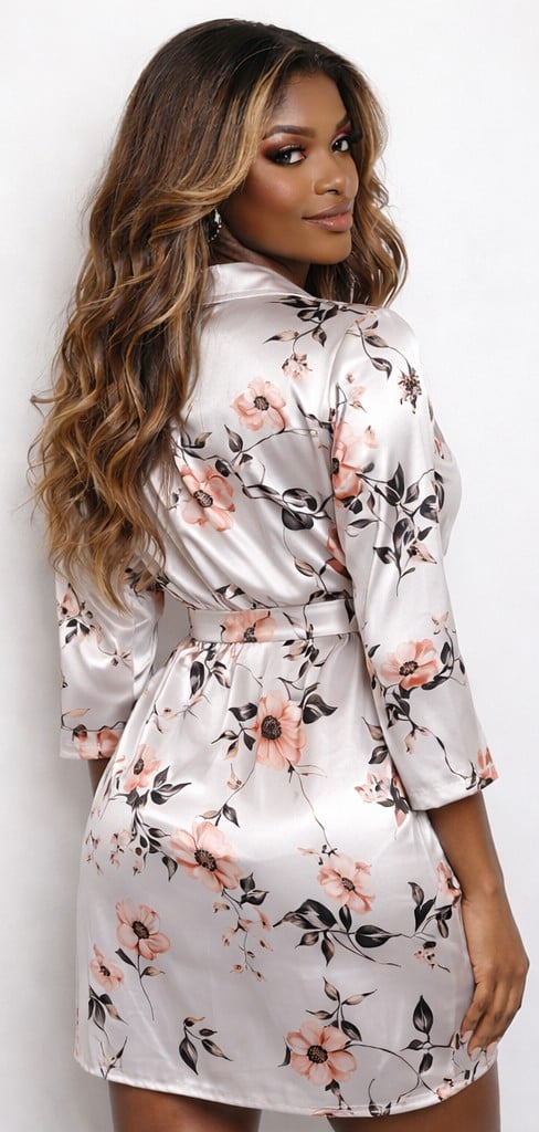 Image of GRAY SATIN FLORAL PRINT DRESS