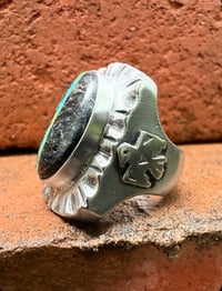 Image 3 of WL&A Handmade Black Jack  Ribbon Turquoise (NV) Heavy Signet Thunderbird #1 Ring - Sizes 10