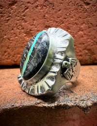 Image 2 of WL&A Handmade Black Jack  Ribbon Turquoise (NV) Heavy Signet Thunderbird #2 Ring - Sizes 10