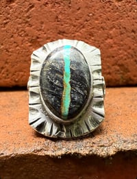 Image 3 of WL&A Handmade Black Jack  Ribbon Turquoise (NV) Heavy Signet Thunderbird #2 Ring - Sizes 10
