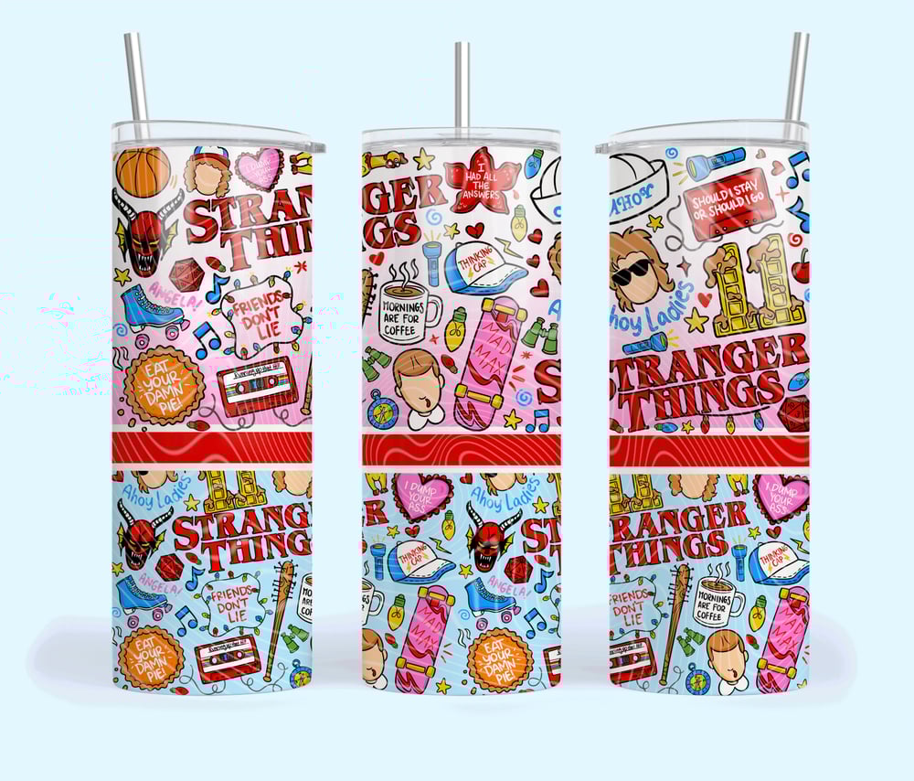 Image of Stranger Things Inspired Sublimation Print Bundle 7 Designs Pack 20oz Skinny Tumbler Wraps