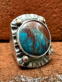 Image 3 of WL&A Handmade Sterling & Ancient Bronze - Gem Grade Chocolate Bisbee Turquoise Signet Ring - Size 10
