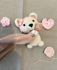 Image 1 of Creme Bear with Pink Headband and Pink Baby Towel