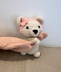 Image 2 of Creme Bear with Pink Headband and Pink Baby Towel