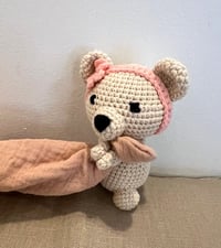 Image 3 of Creme Bear with Pink Headband and Pink Baby Towel