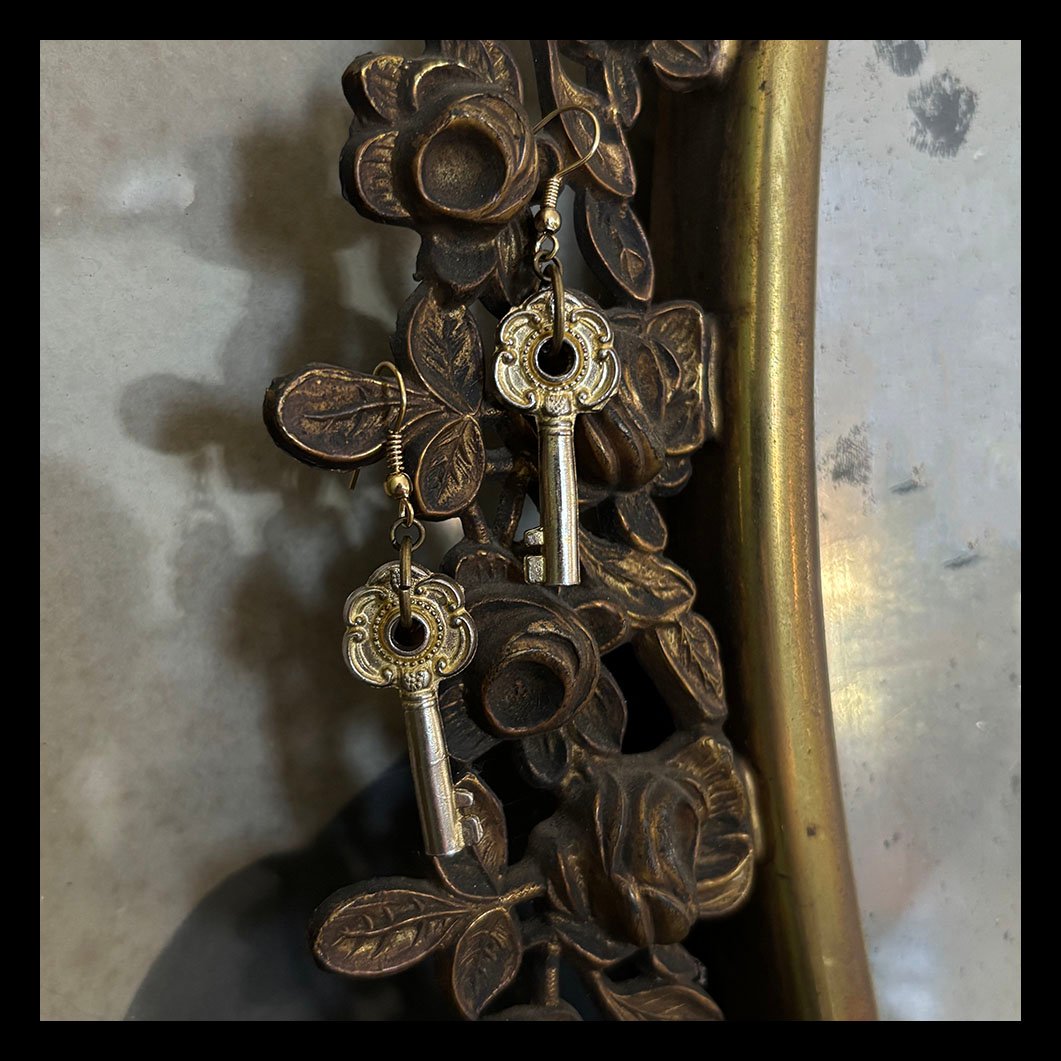 Ornate key earrings on gold plated hooks