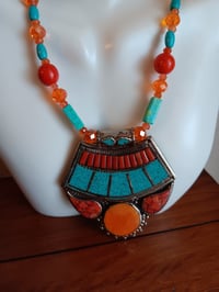 Image 3 of LARGE TIBETAN SILVER PENDANT WITH TURQUOISE BEADS SET