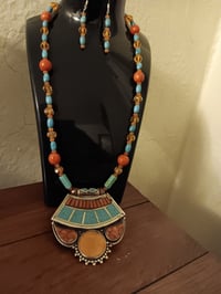 Image 5 of LARGE TIBETAN SILVER PENDANT WITH TURQUOISE BEADS SET