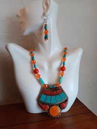 Image 2 of LARGE TIBETAN SILVER PENDANT WITH TURQUOISE BEADS SET