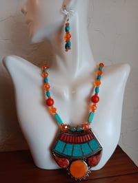 Image 4 of LARGE TIBETAN SILVER PENDANT WITH TURQUOISE BEADS SET