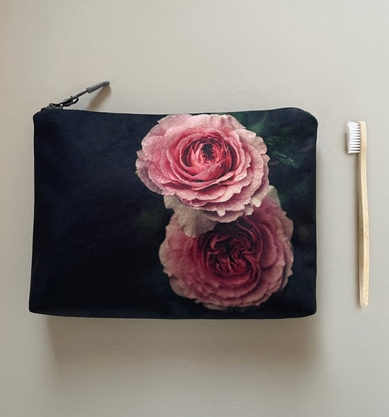 Image of Winter rose, LARGE travel bag, make-up, toiletries zipper pouch