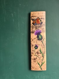 Image 2 of Peacock butterfly & Scottish thistle, Scottish Stave Art.