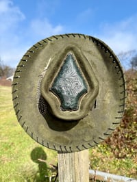 Image 3 of "Guns a Blazin’" Burned Crossed Guns Hat, Army Green Burned Hat, Suede Arrow Shaped Hat