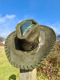 Image 1 of "Guns a Blazin’" Burned Crossed Guns Hat, Army Green Burned Hat, Suede Arrow Shaped Hat