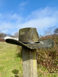 Image 5 of "Guns a Blazin’" Burned Crossed Guns Hat, Army Green Burned Hat, Suede Arrow Shaped Hat