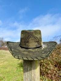 Image 2 of "Guns a Blazin’" Burned Crossed Guns Hat, Army Green Burned Hat, Suede Arrow Shaped Hat