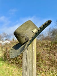 Image 8 of "Guns a Blazin’" Burned Crossed Guns Hat, Army Green Burned Hat, Suede Arrow Shaped Hat