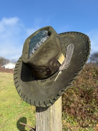 Image 9 of "Guns a Blazin’" Burned Crossed Guns Hat, Army Green Burned Hat, Suede Arrow Shaped Hat