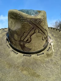 Image 6 of "Guns a Blazin’" Burned Crossed Guns Hat, Army Green Burned Hat, Suede Arrow Shaped Hat
