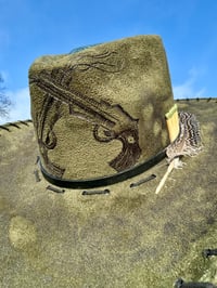 Image 7 of "Guns a Blazin’" Burned Crossed Guns Hat, Army Green Burned Hat, Suede Arrow Shaped Hat