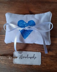 Image 2 of Ring Cushion - Handmade Blue Design in vintage linen 