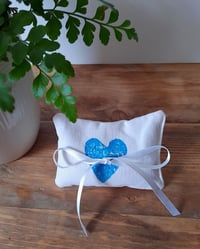 Image 1 of Ring Cushion - Handmade Blue Design in vintage linen 