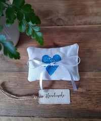 Image 3 of Ring Cushion - Handmade Blue Design in vintage linen 