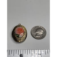 Image 1 of Vintage Rose Oval Locket Necklace — Floral Glass Cameo in Antique Brass, Romantic Heirloom Pendant