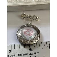 Image 1 of Photo Locket Memory Keepsake Brooch Silver Bowknot Handpainted Flower