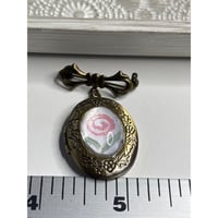 Image 1 of Bridal Bouquet Charm: Vintage Bowknot Pin | Handpainted Flower | Brass Locket