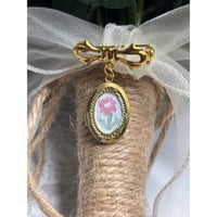 Image 1 of Bridal Bouquet Pin with Locket: Handpainted Pink Flower & Bowknot Pin