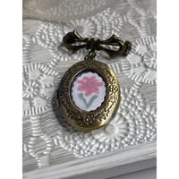 Image 2 of Oval Locket with Bowknot Brooch: Handpainted Flower Design Bridal Bouque, Groom Attire