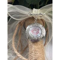 Image 3 of Photo Locket Memory Keepsake Brooch Silver Bowknot Handpainted Flower