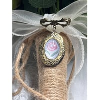 Image 4 of Bridal Bouquet Charm: Vintage Bowknot Pin | Handpainted Flower | Brass Locket