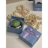 Image 5 of Vintage Mint Green Oval Locket — Striped Baroque Glass Stone in Silver Tone Floral Frame