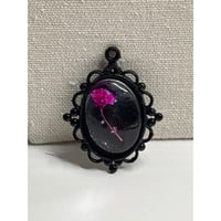 Image 1 of Real Pressed Pink Flower Encased in Resin; Black Pendant with 18" Chain