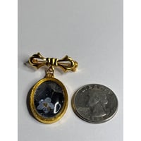 Image 1 of Bridal Bouquet Memory Brooch with Photo Locket – Gold Bow Pin with Dandelion &amp; Forget-Me-Not