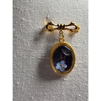 Image 2 of Bridal Bouquet Memory Brooch with Photo Locket – Gold Bow Pin with Dandelion &amp; Forget-Me-Not