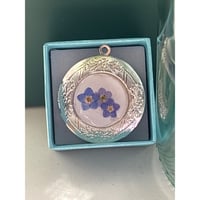 Image 1 of Forget-Me-Knot Locket with Dandelion Seed Inside Bridal Bouquet Mourning Jewelry