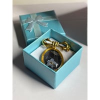 Image 4 of Bridal Bouquet Memory Brooch with Photo Locket – Gold Bow Pin with Dandelion &amp; Forget-Me-Not