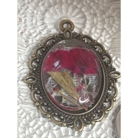 Image 1 of Handmade Oval Bronze Pendant Real Dried Flowers &amp; Vintage Lace
