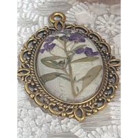 Image 1 of Handmade Oval Brass Pendant Real Purple Wildflower Sprig Nature's Poetry