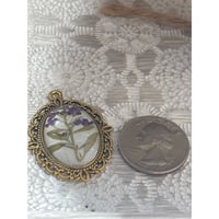 Image 2 of Handmade Oval Brass Pendant Real Purple Wildflower Sprig Nature's Poetry