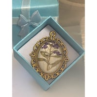 Image 4 of Handmade Oval Brass Pendant Real Purple Wildflower Sprig Nature's Poetry