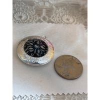 Image 2 of Memory Keepsake: Vintage Silvertone Photo Locket Original Black &amp; White Floral Design